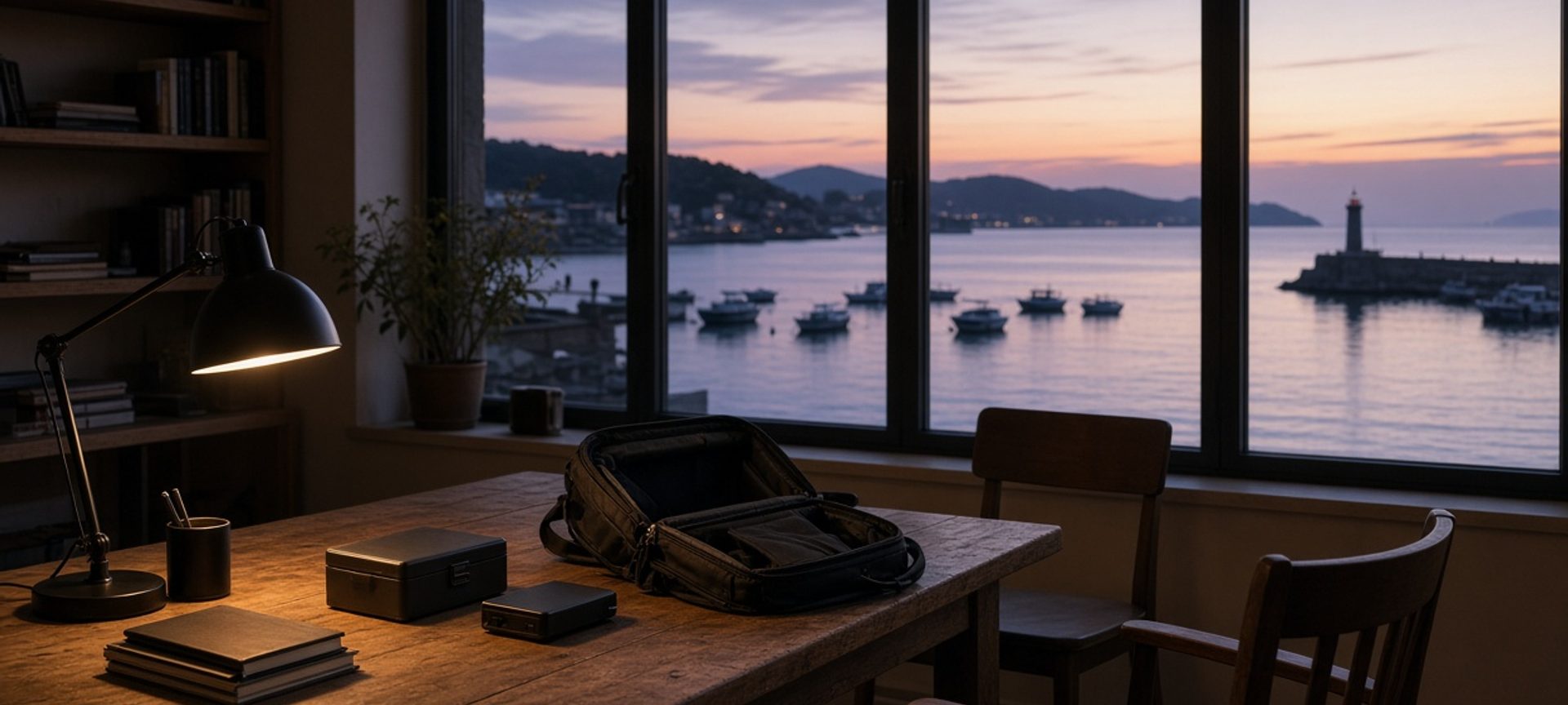 Coastal office table with camera case and hard drives after a production wrap