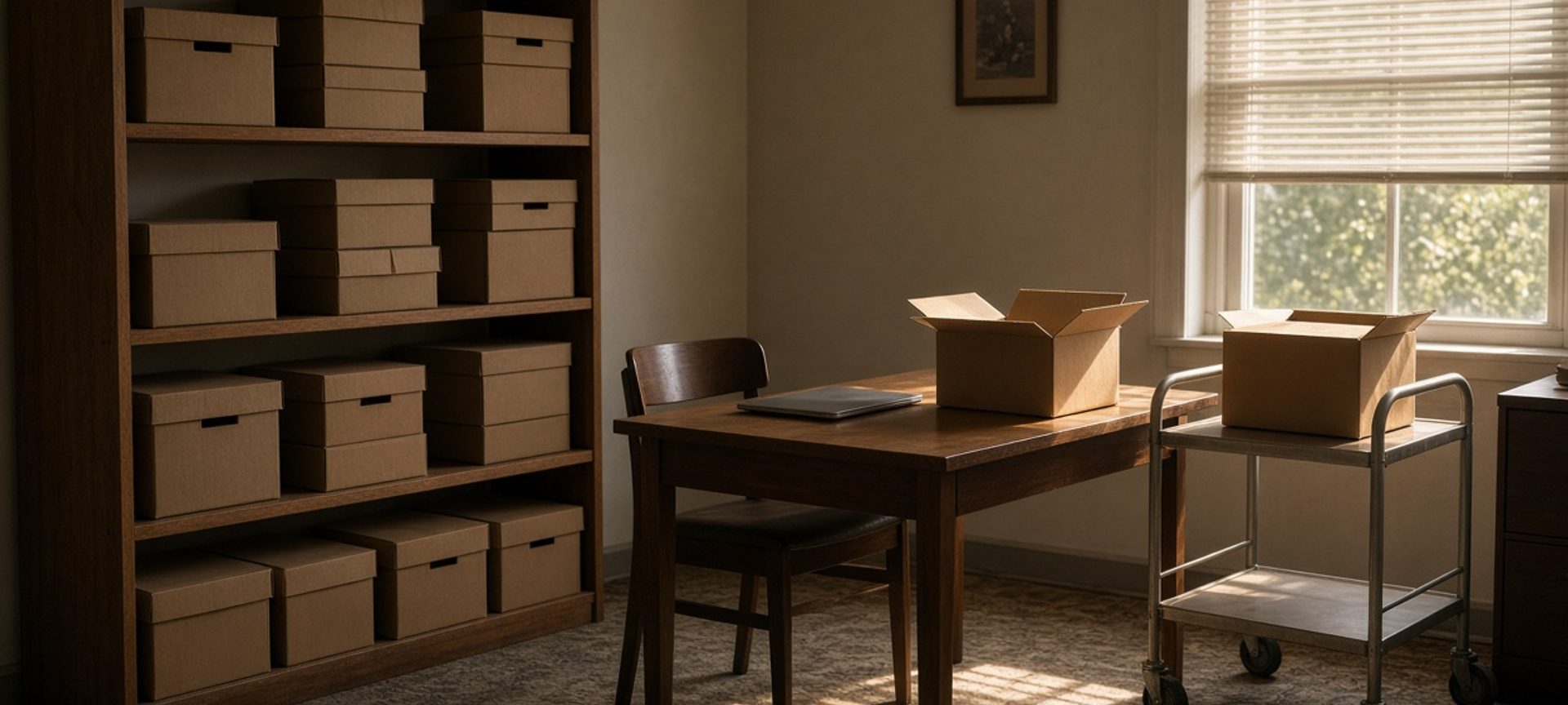 Archive boxes on shelves beside a clear desk and an empty cart in afternoon light