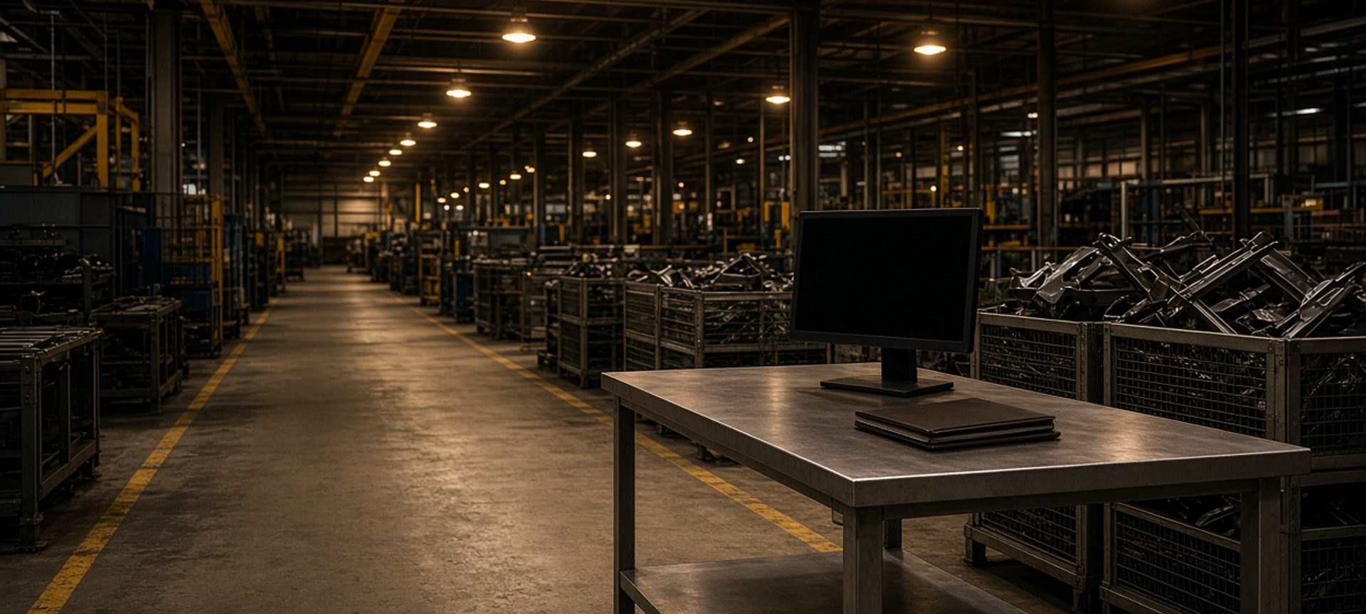 Empty automotive production bay with a computer on a metal table beside parts bins