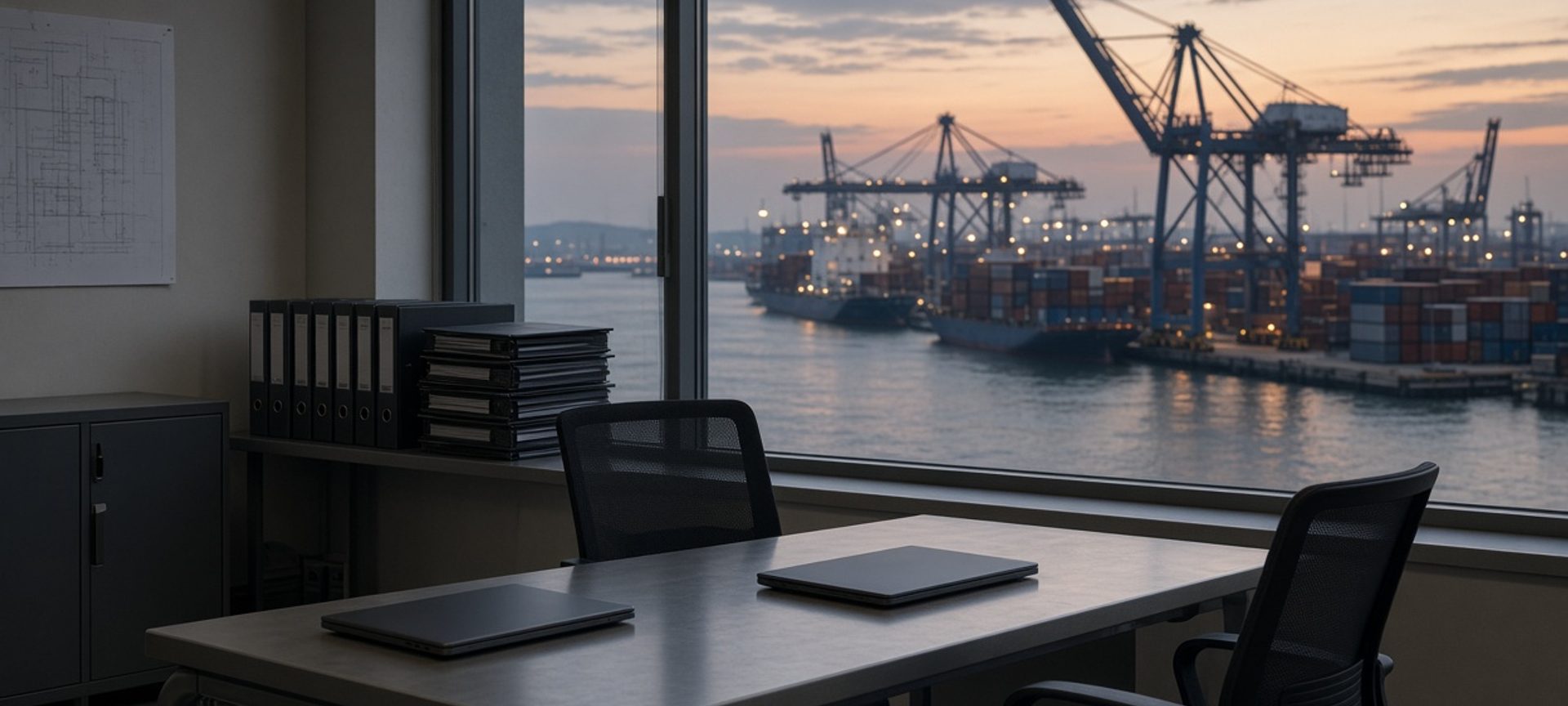 Empty plant office at dusk with laptops and binders overlooking a harbor and container cranes