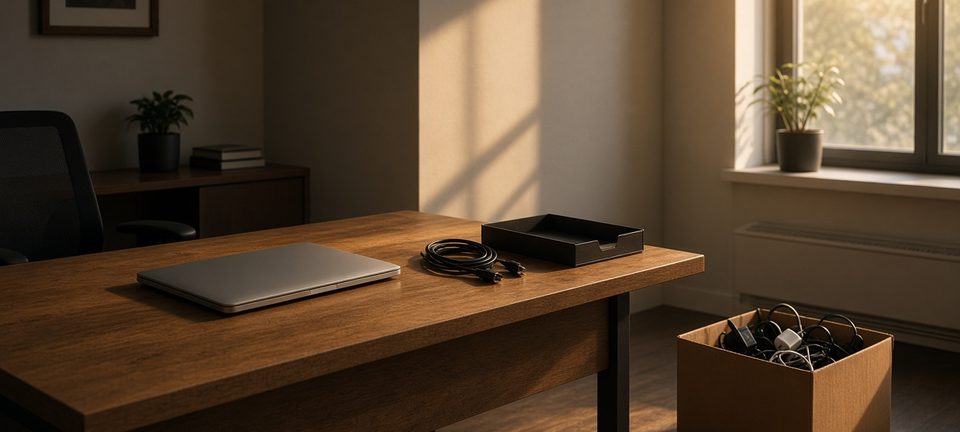 Empty sunlit desk with a closed laptop, unplugged cables, and a box of old adapters