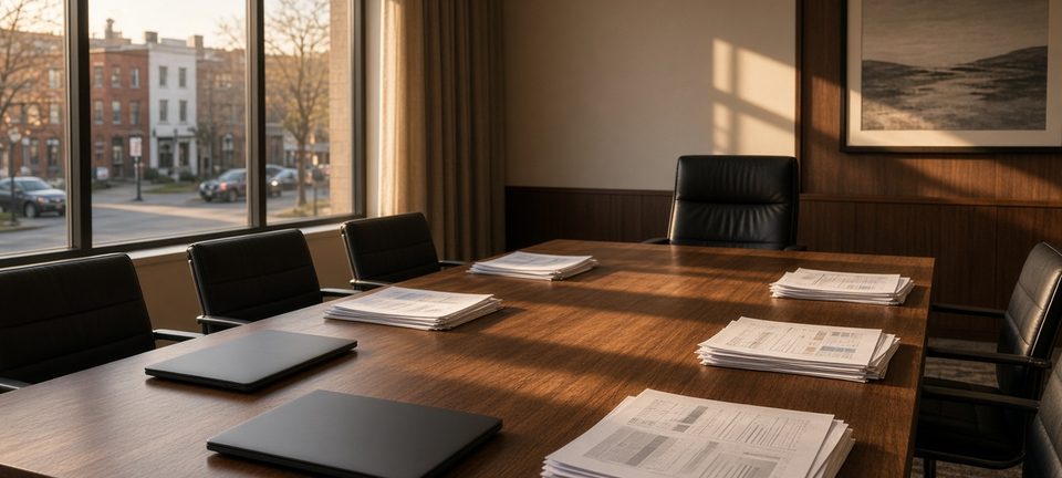 Empty chair at a conference table with stacked reports and closed laptops in late light