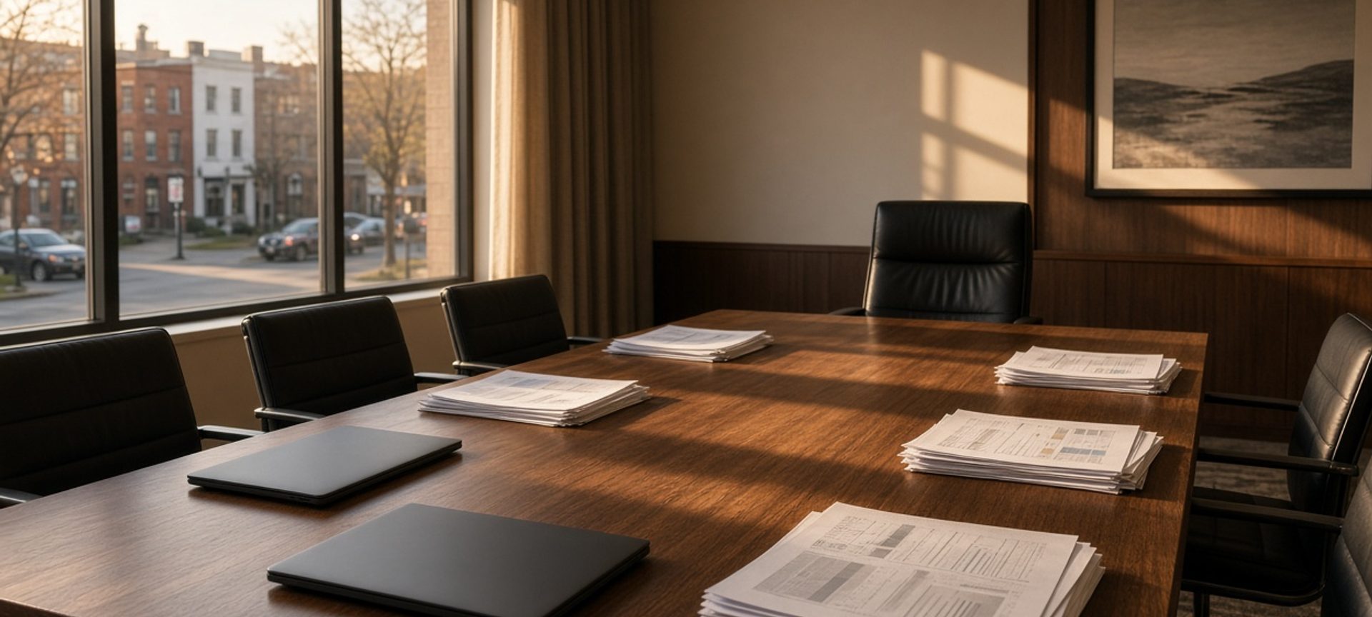 Empty chair at a conference table with stacked reports and closed laptops in late light