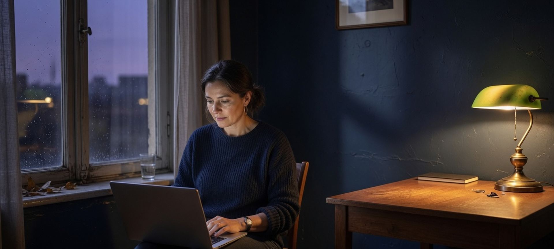 A professional working at a laptop late in a dusk-lit navy office