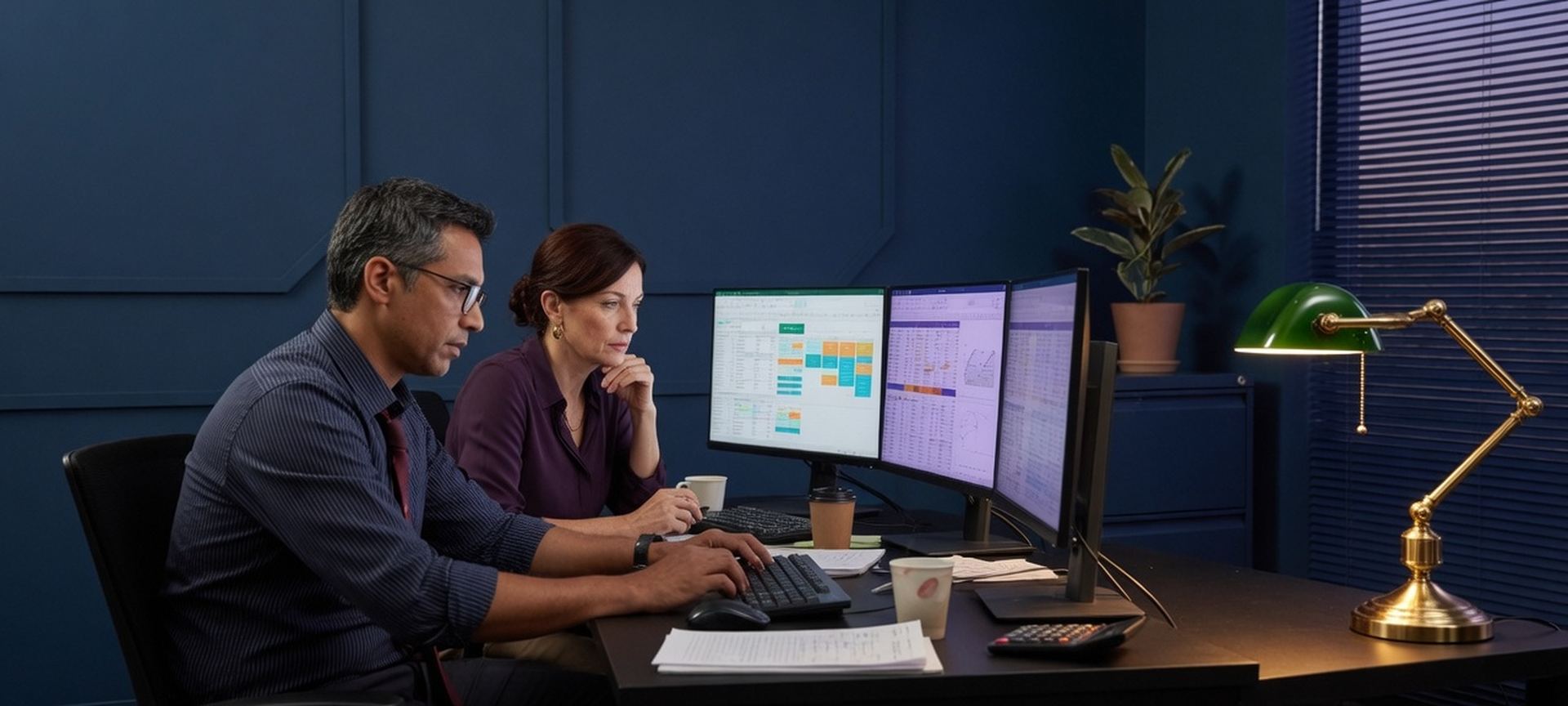 Accountants reviewing practice systems on dual monitors in a dusk office