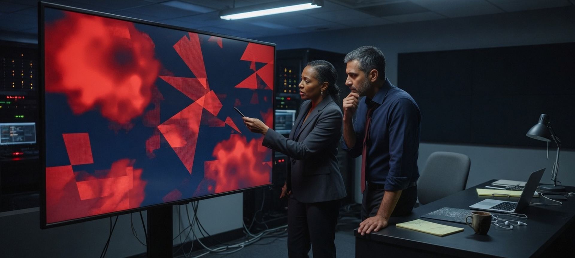 Two professionals reviewing security findings on a monitor in a navy office