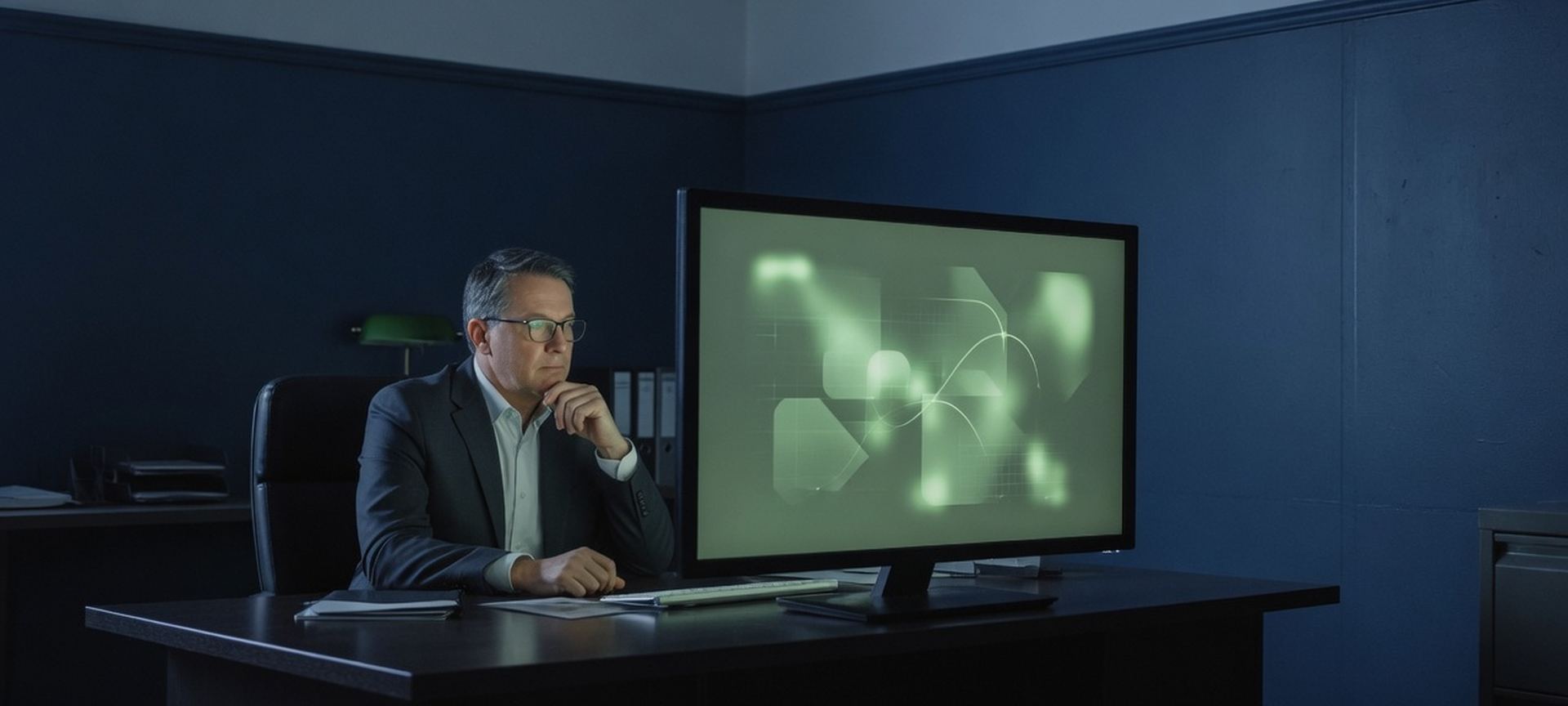 A professional watching a dark security operations screen in a dim office