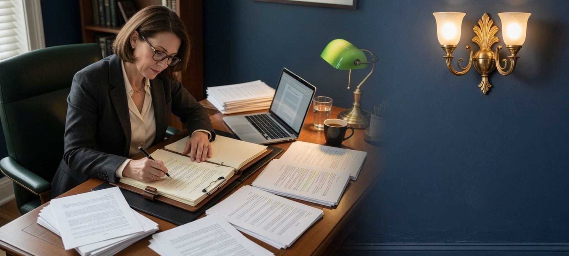 A professional drafting a written policy at a laptop with printed pages beside it