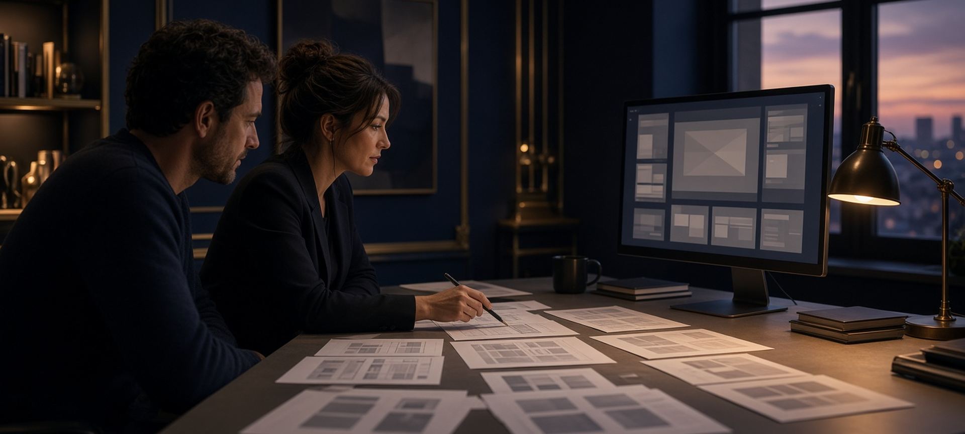 Two professionals reviewing website page layouts on paper and a large monitor at dusk