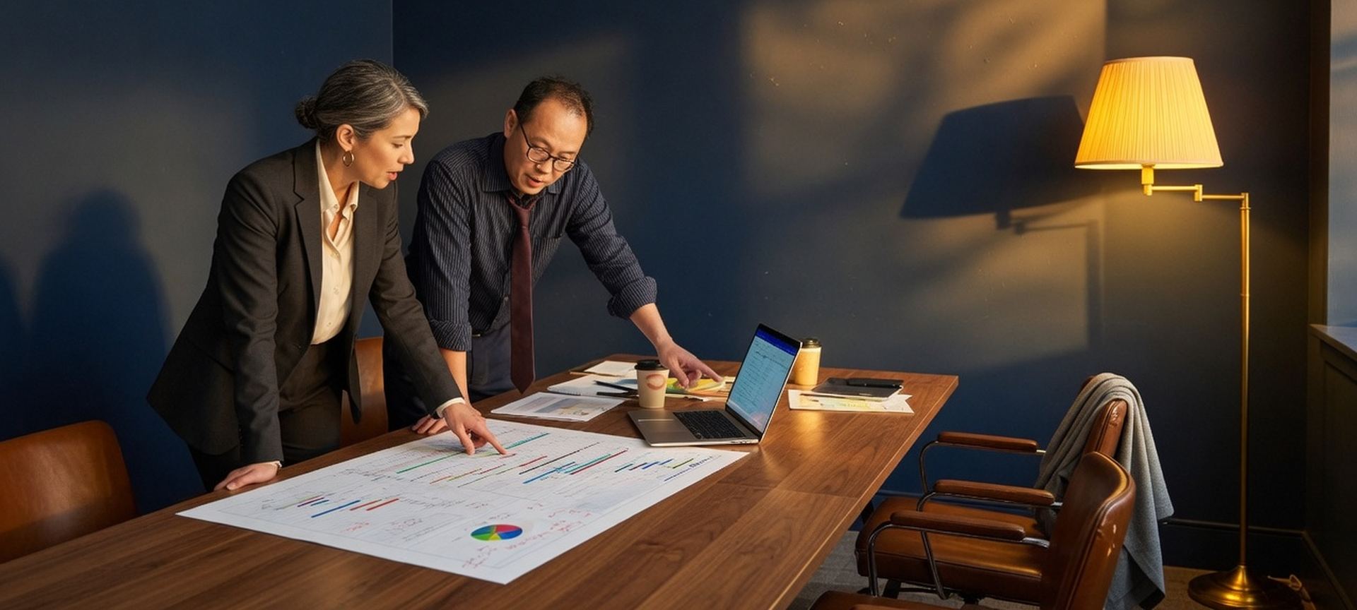 Two professionals reviewing a written technology plan at a laptop