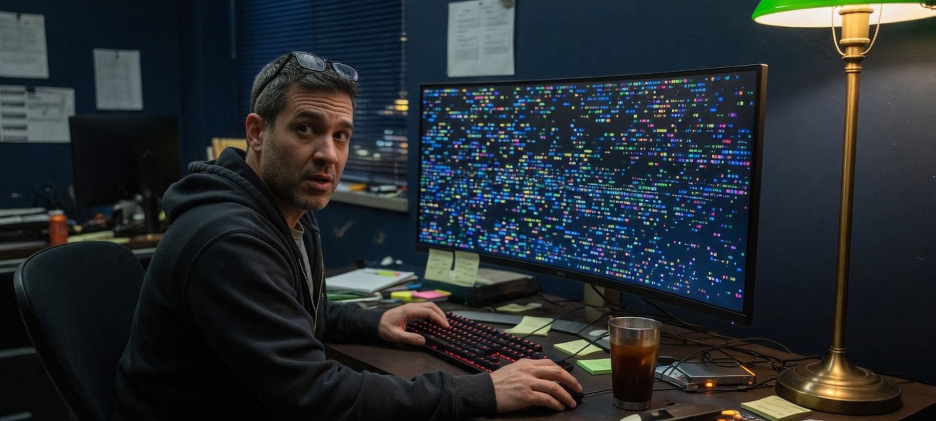 A developer writing automation at a workstation in a client's navy office