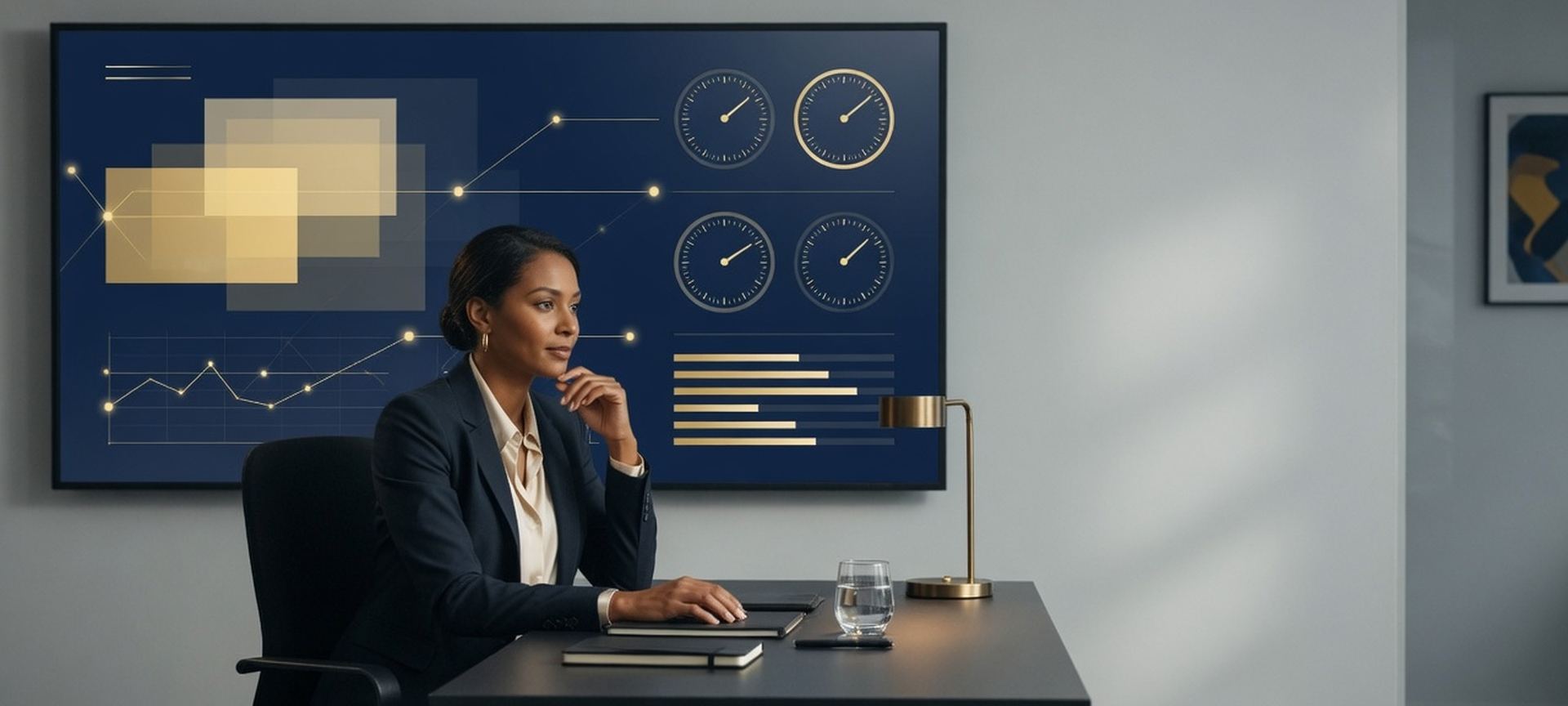 A professional seated at a desk reviewing a navy-and-gold dashboard on a monitor