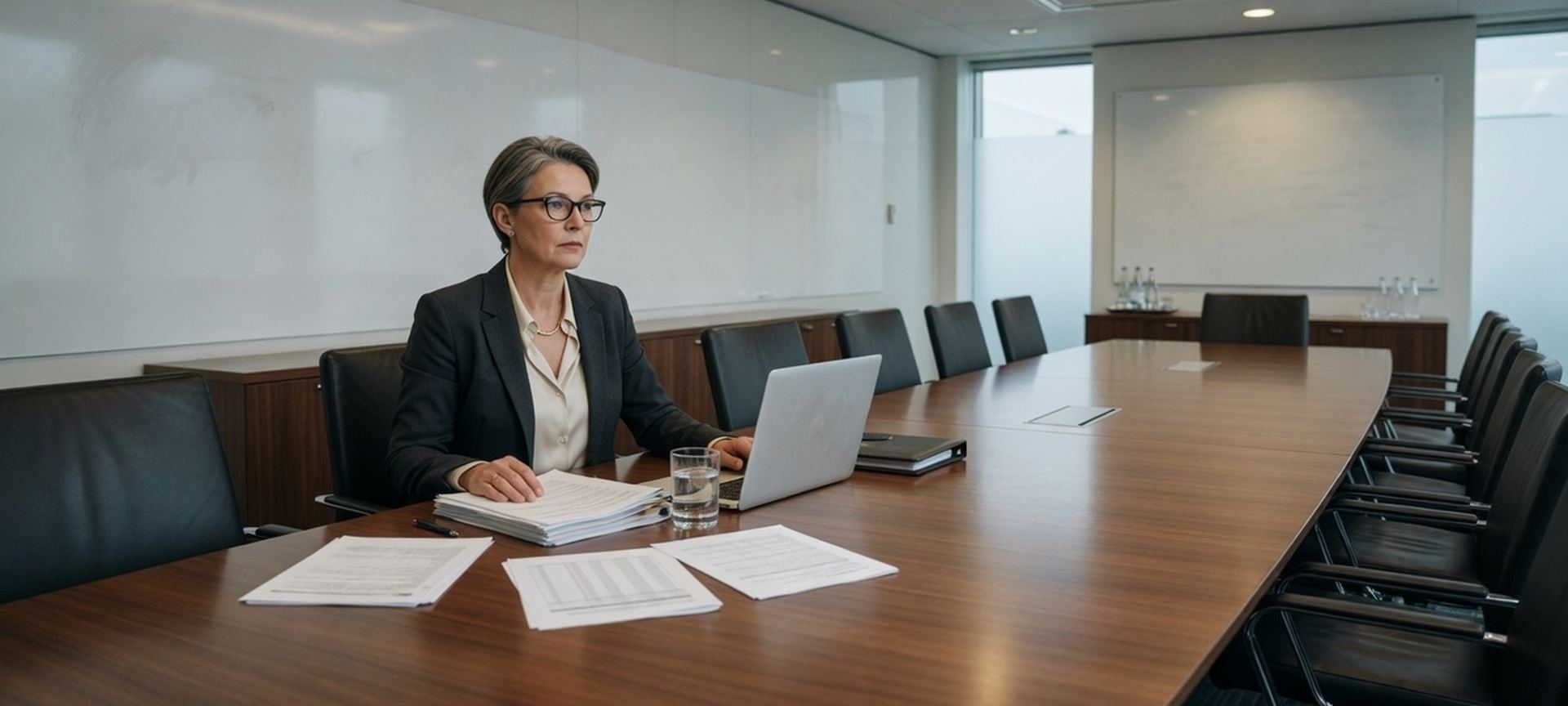 A small boardroom with one person reviewing papers and a laptop before a meeting