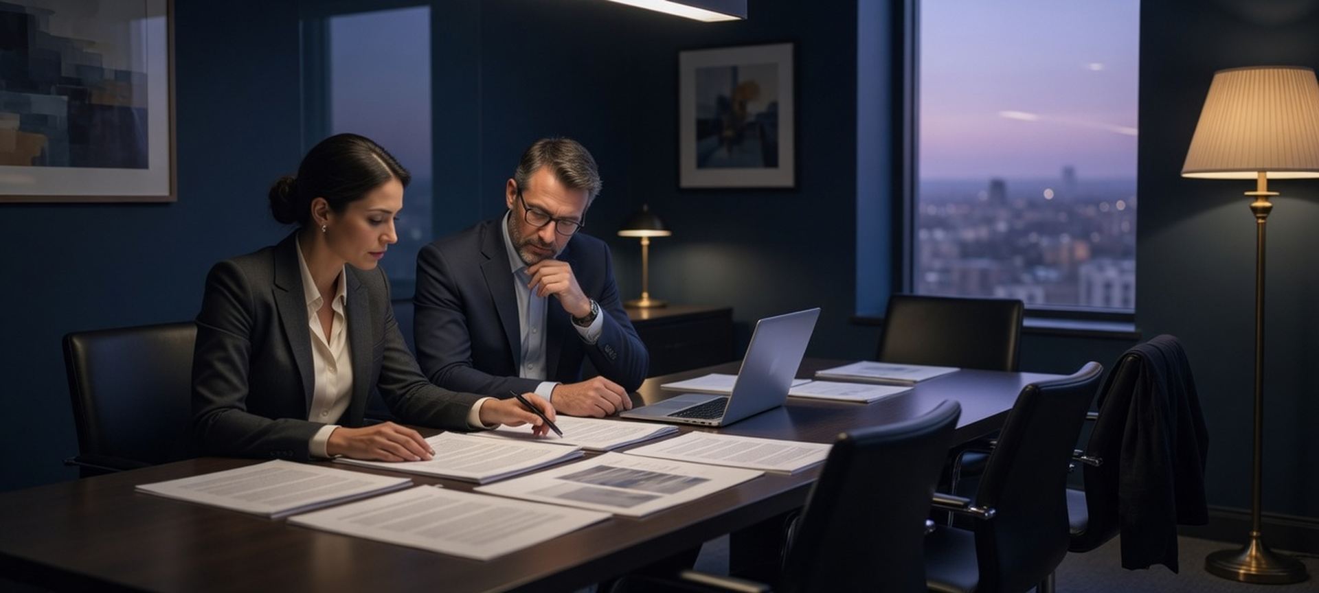 Two professionals going over a written report at a conference table