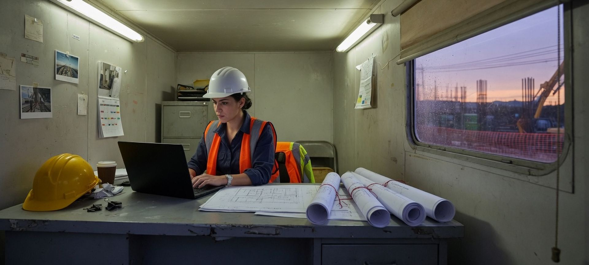 A job-site office with a laptop and rolled plans on a metal desk