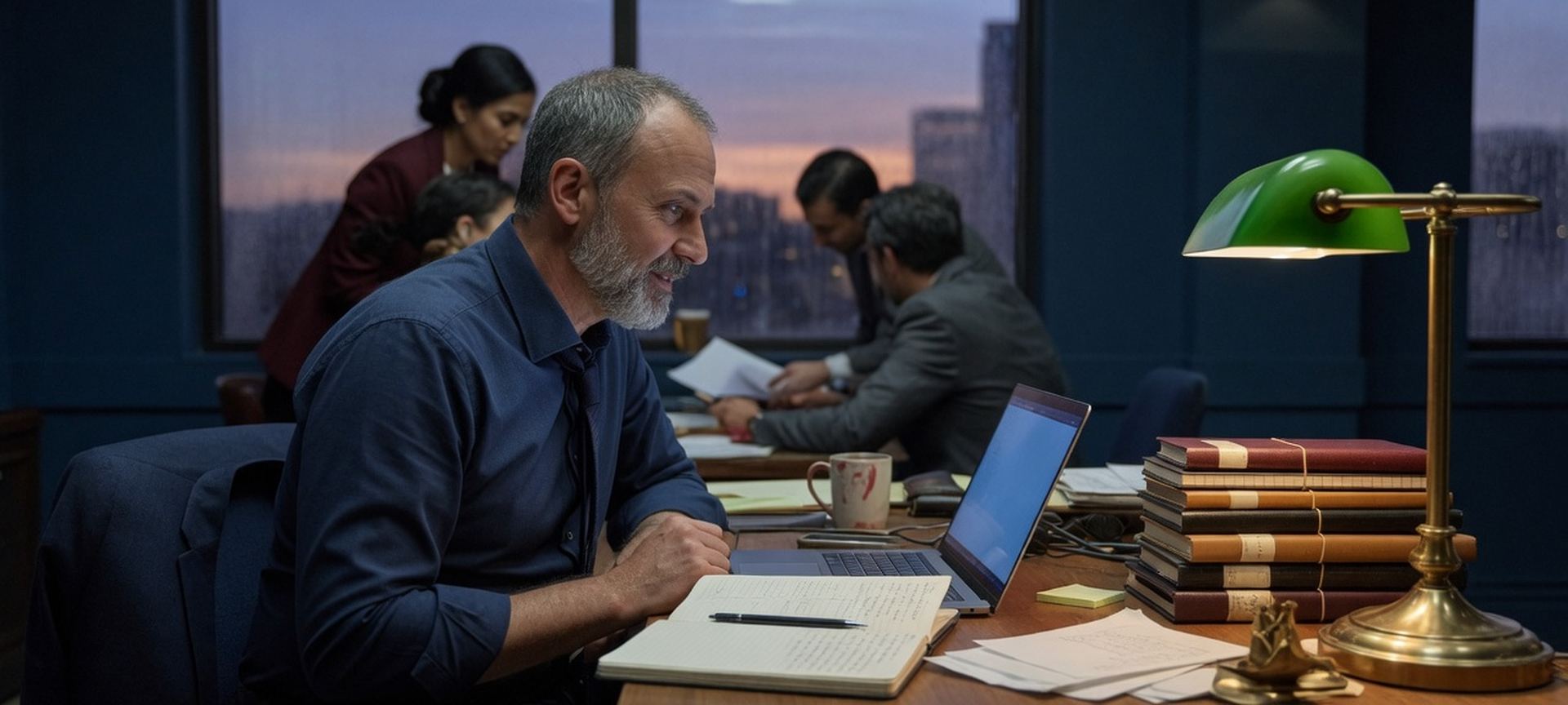 A professional at a desk with a notebook and laptop ready for a conversation
