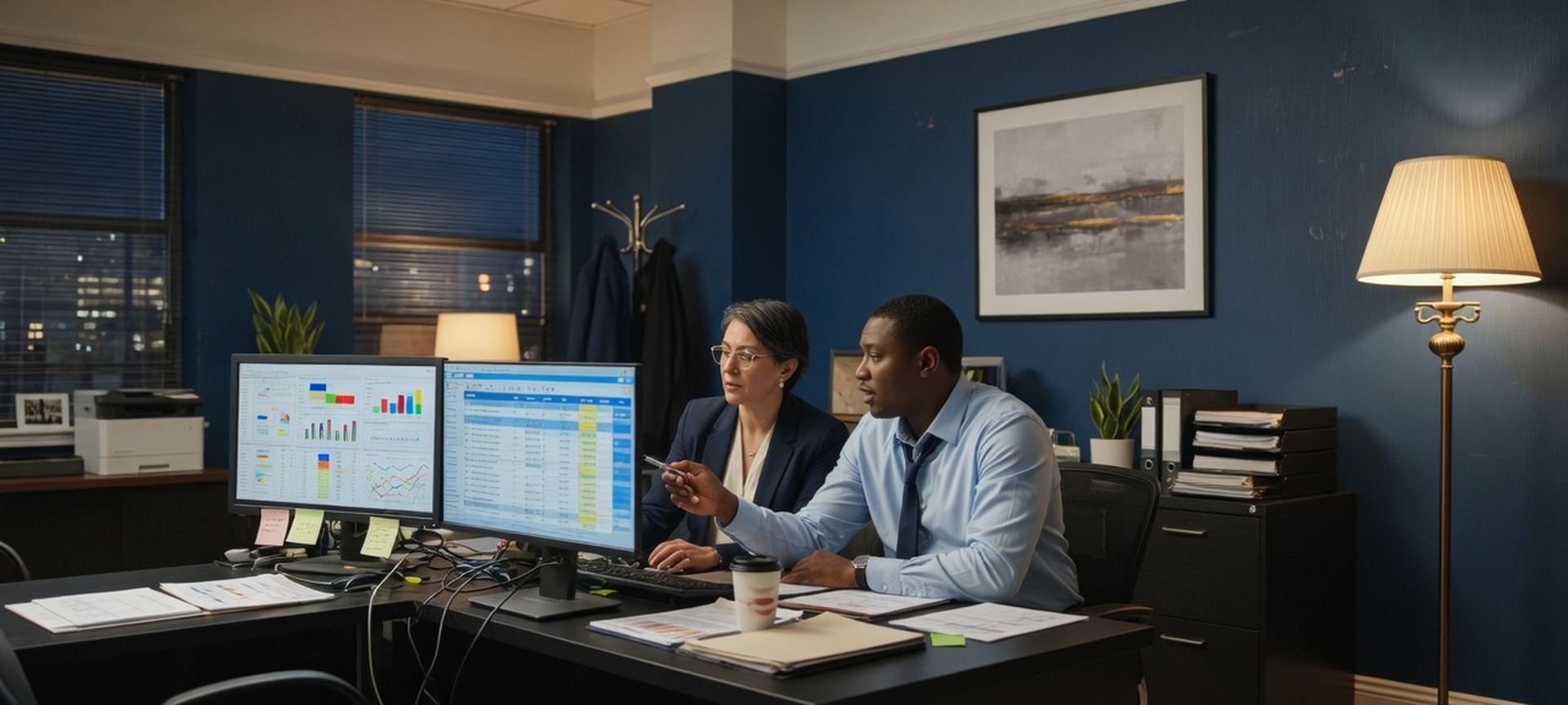 An accounting-firm office with dual monitors during a systems review