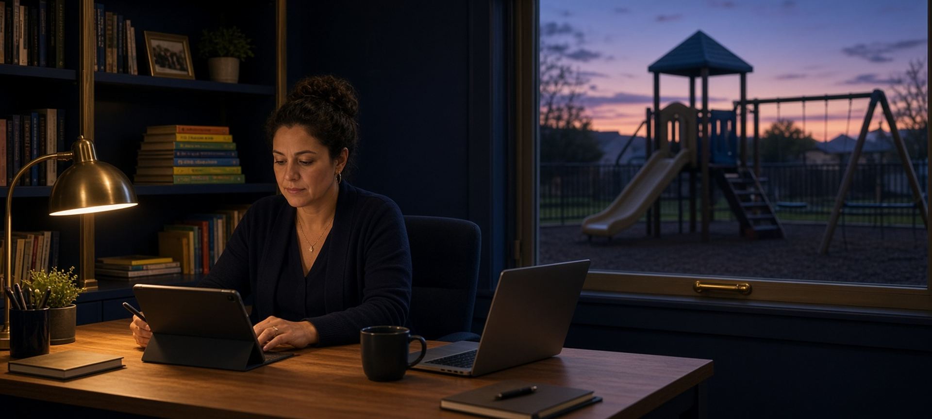 A childcare center director reviewing a tablet at her desk at dusk, with an empty playground beyond the window