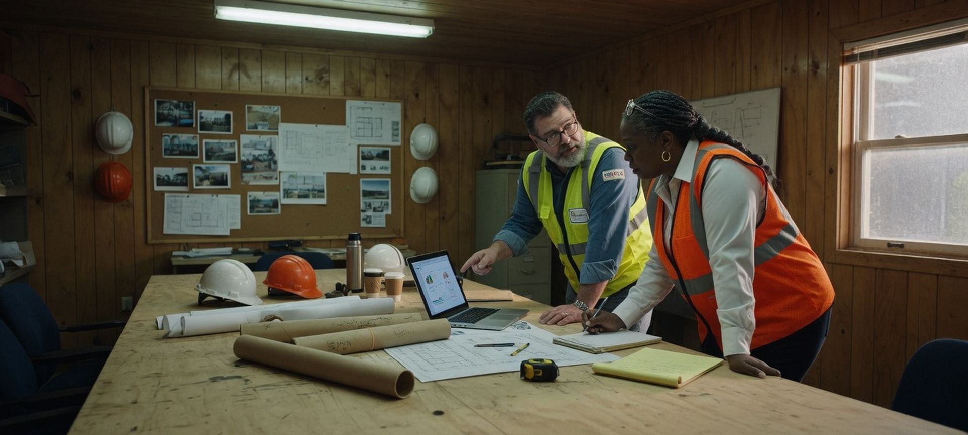 Construction leaders reviewing a laptop in a site office during a merger