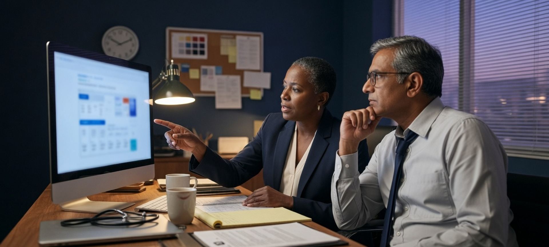 Clinic leaders reviewing practice systems on a computer