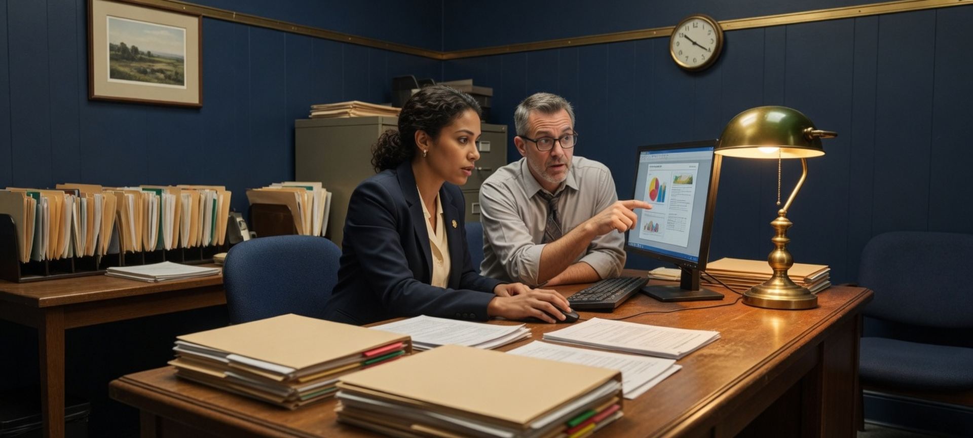 An insurance-agency office with two people reviewing a computer