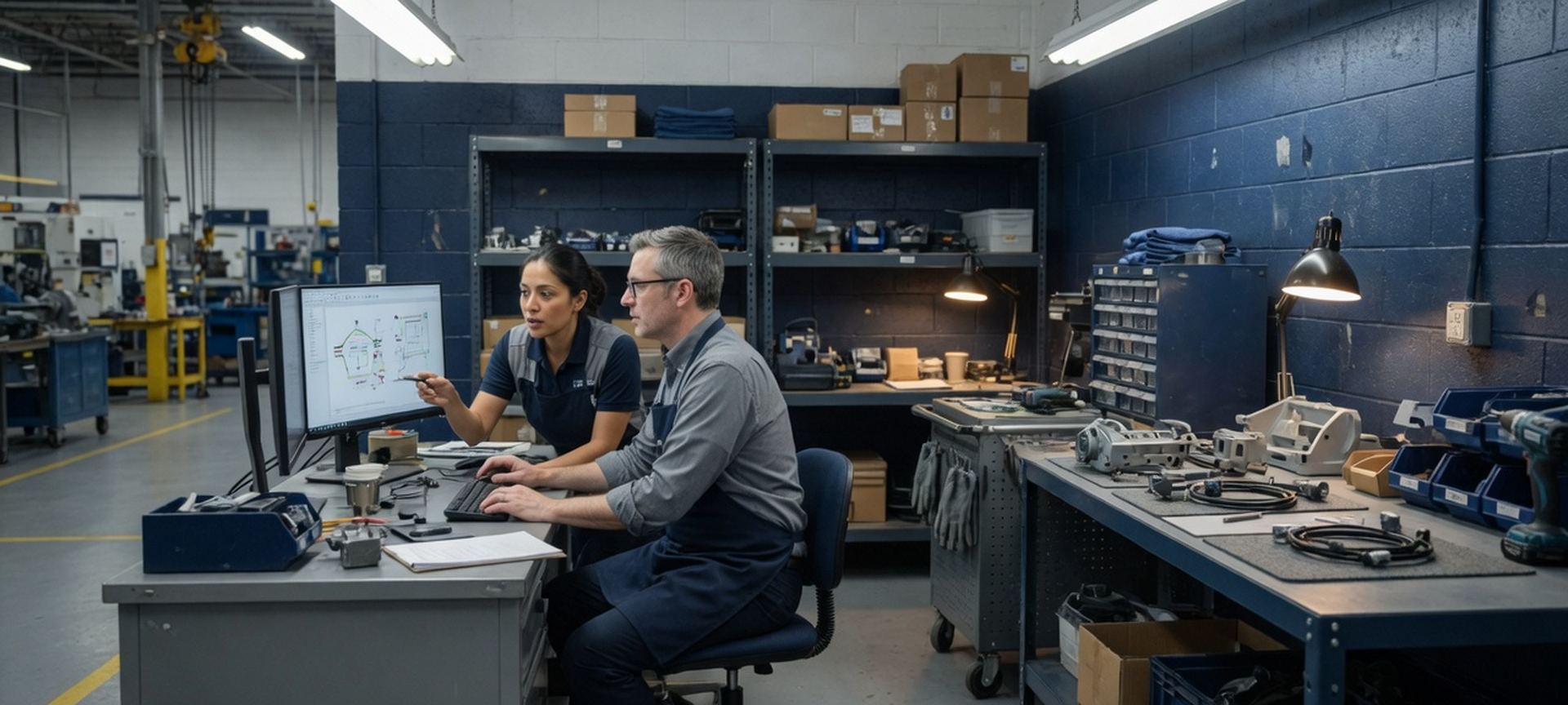 A light-manufacturing office with two people at a shop-adjacent computer