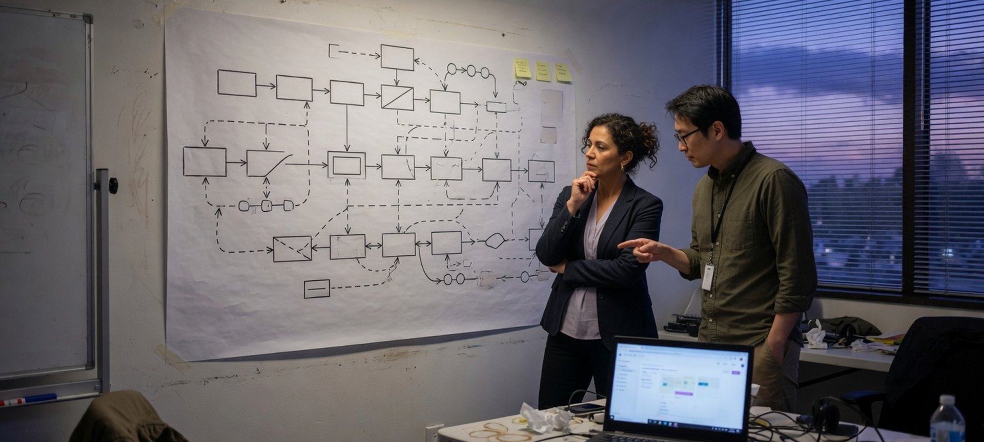 Two people reviewing a wall diagram in an operations room at dusk