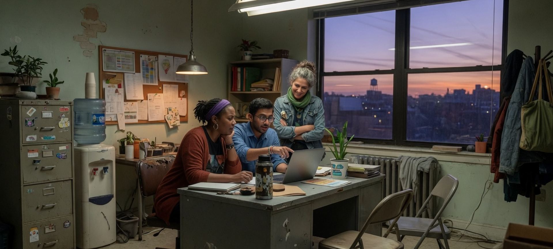 A nonprofit office with a small team reviewing a laptop