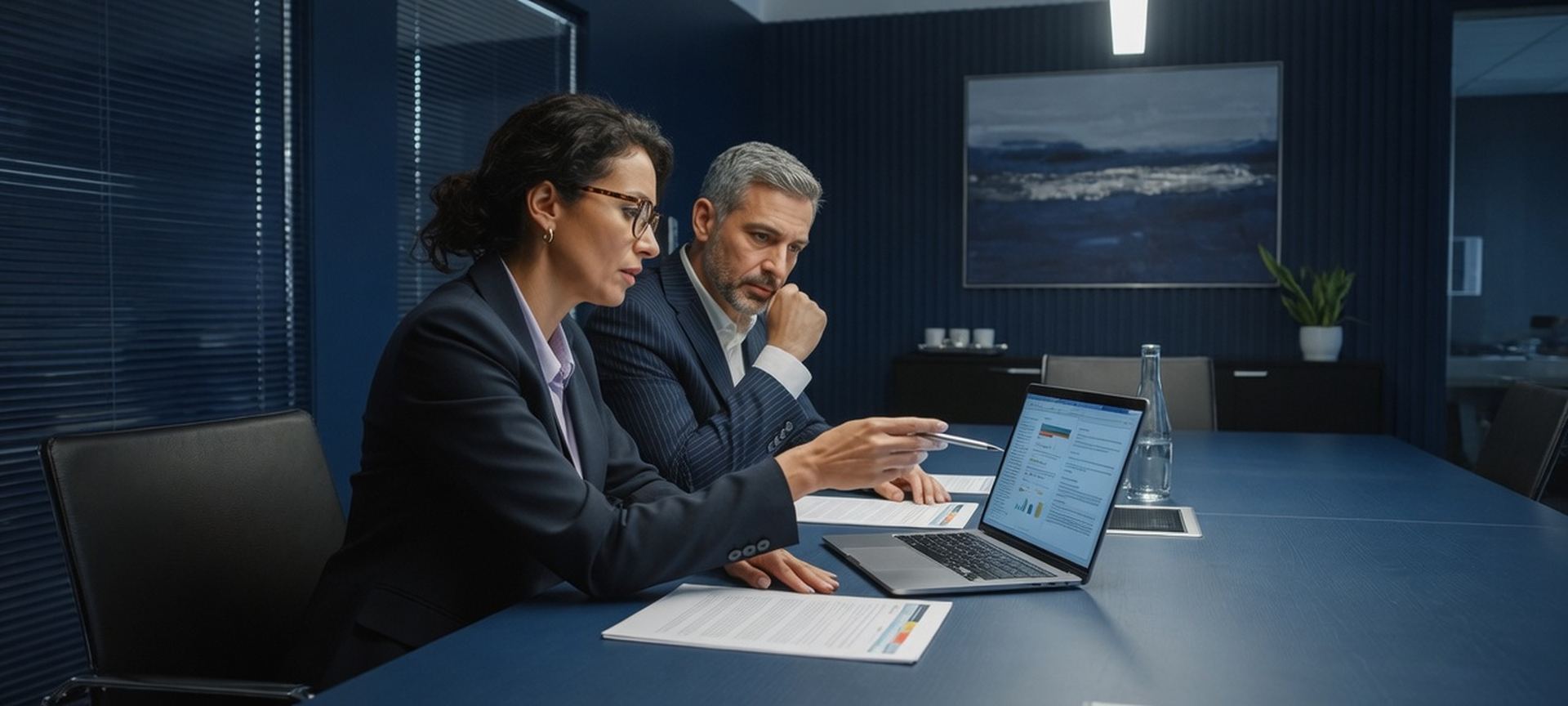 Partners in a professional-services firm reviewing a written plan on a laptop