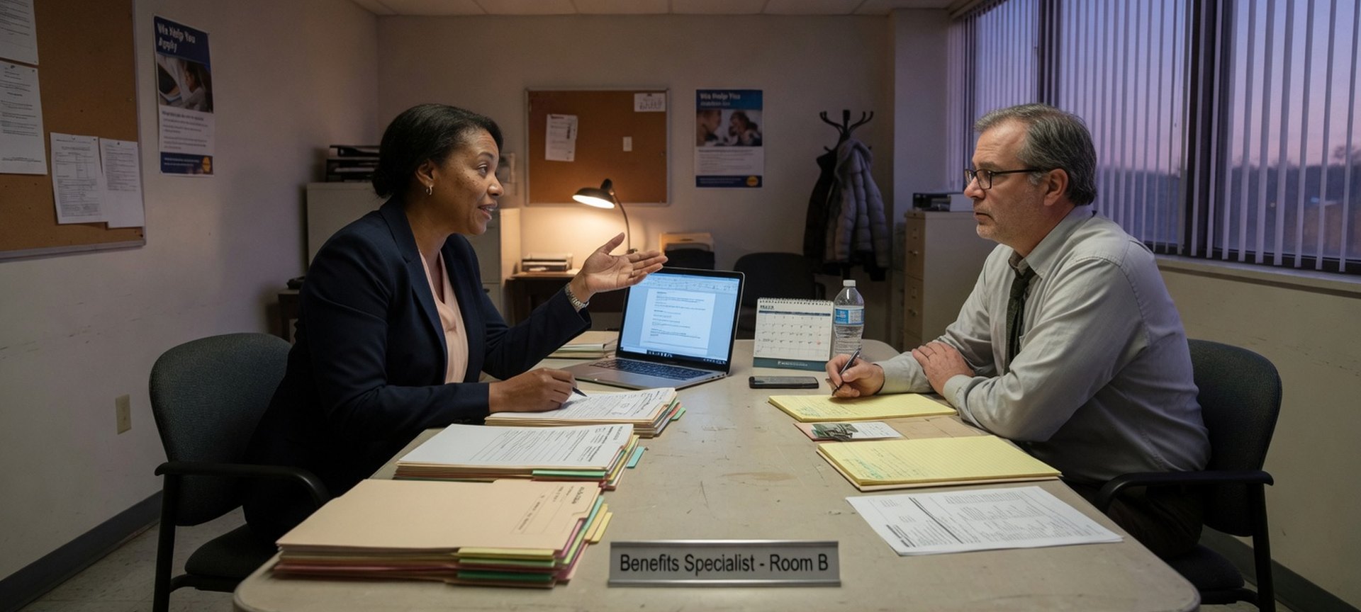 Two people reviewing a document on a laptop in a small office at dusk
