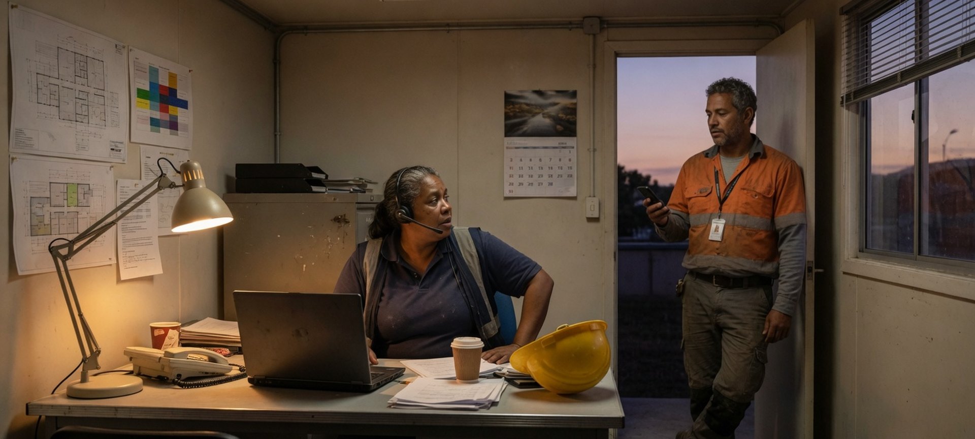 A person with a headset at a desk in a site office at dusk, while a colleague stands in the doorway