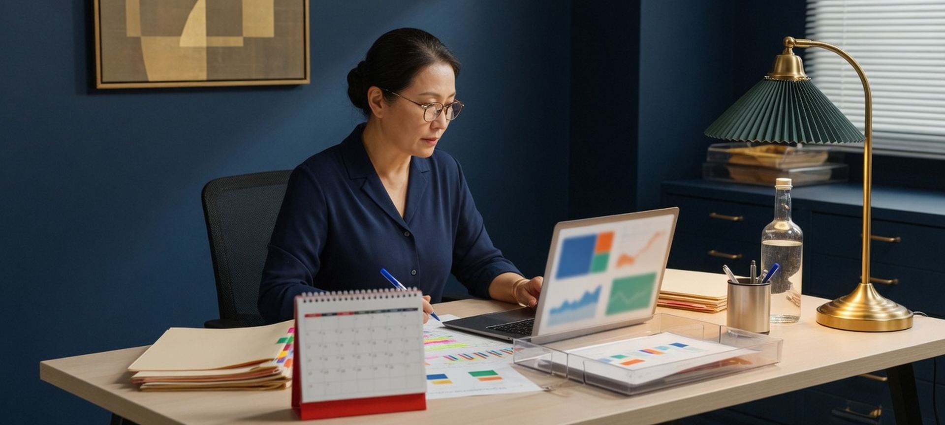 A professional doing a monthly review of charts on a laptop