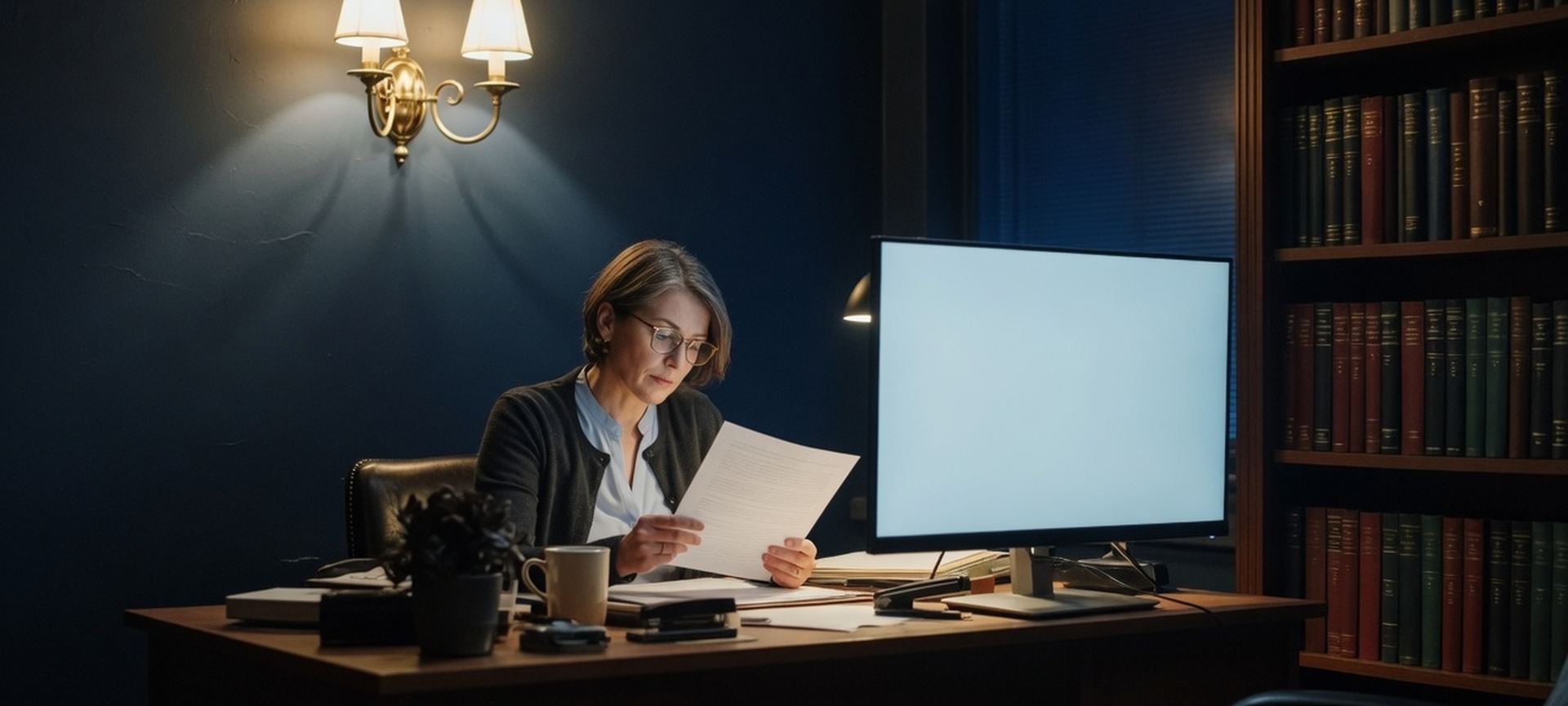 A professional reading a document on a large monitor in a quiet office