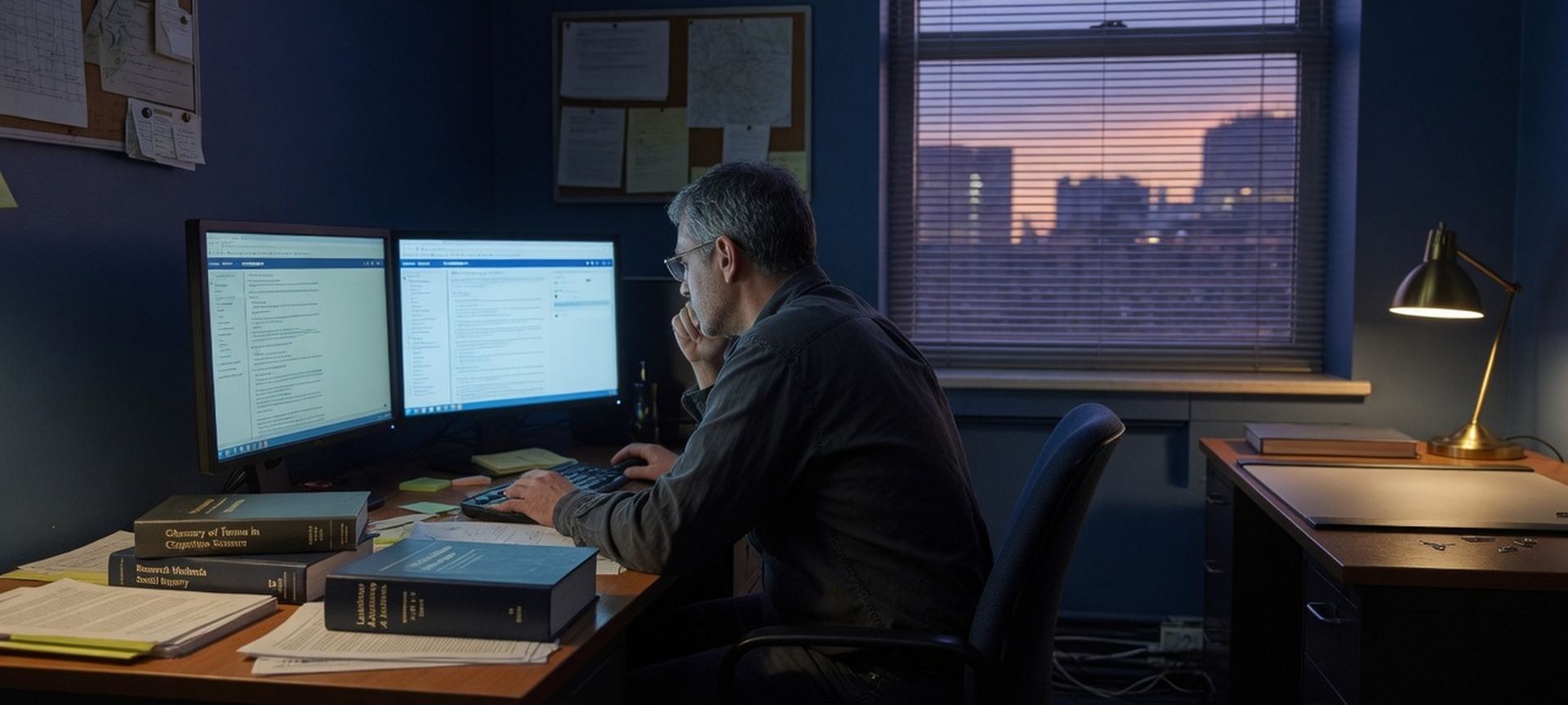 A professional at dual monitors with reference materials beside the desk