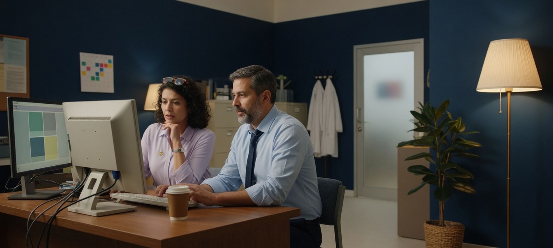 Clinic administrators reviewing systems on a computer in a quiet office