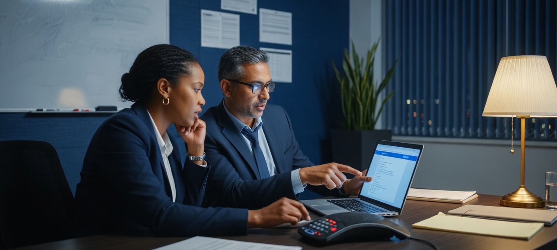 Two professionals on a call with a laptop, directing a help-desk search