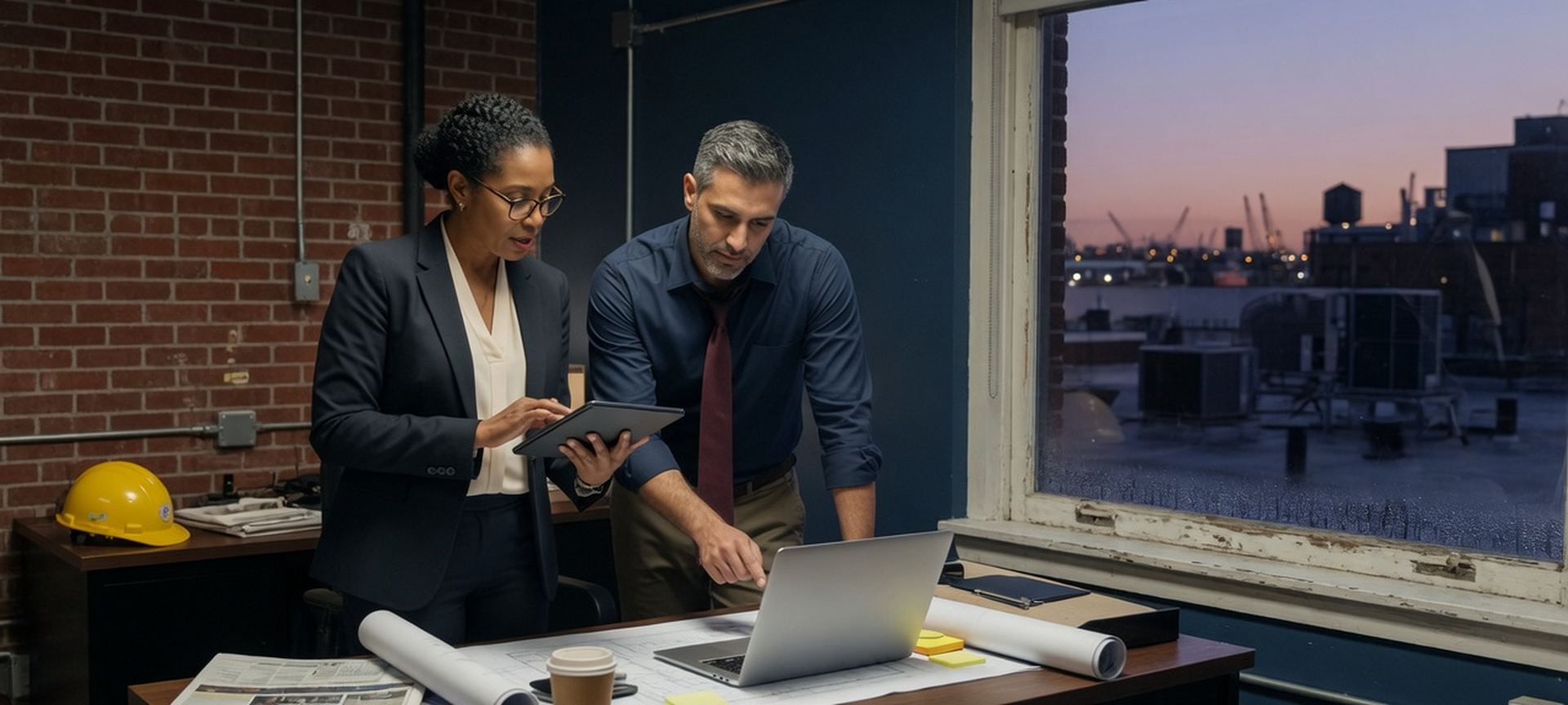 Two professionals reviewing work on a tablet and laptop in an office
