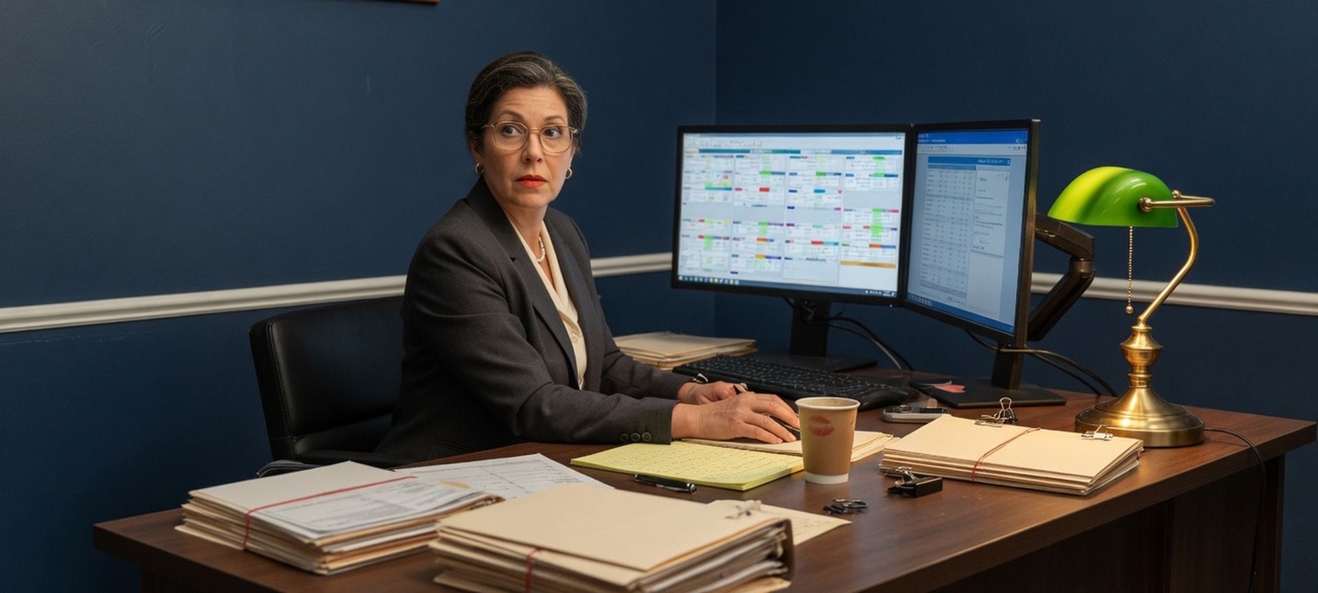 An insurance agency desk with dual monitors and a brass lamp