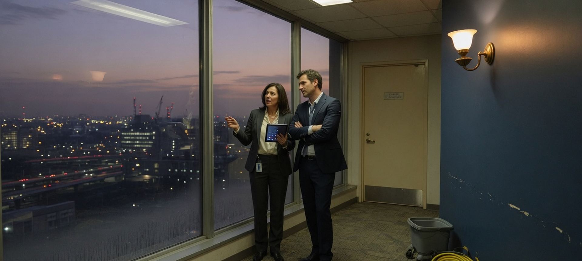 Two professionals looking out a dusk window while reviewing a tablet