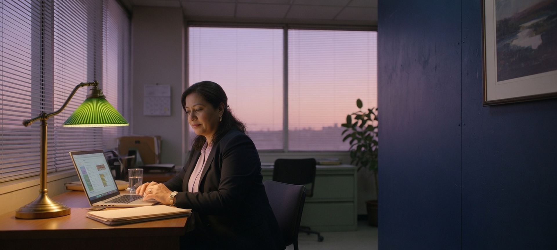 A professional on a monthly tenant watch at a laptop with a brass lamp