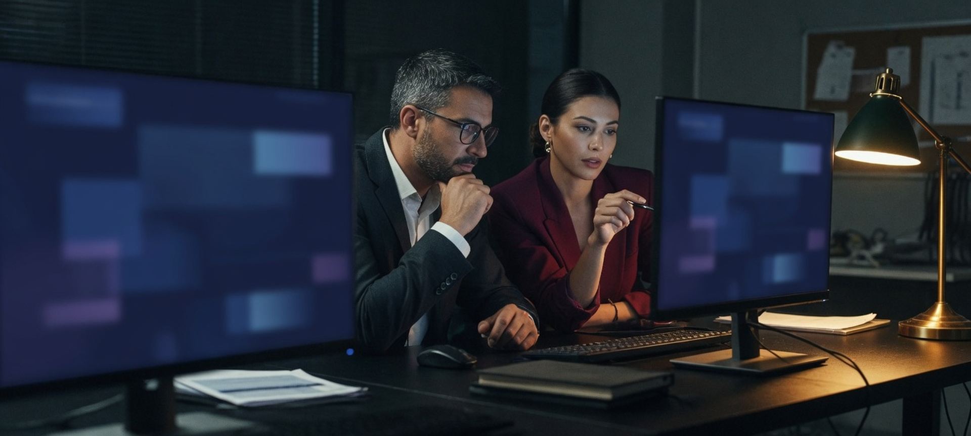 Two professionals reviewing a Microsoft 365 tenant baseline on dual screens