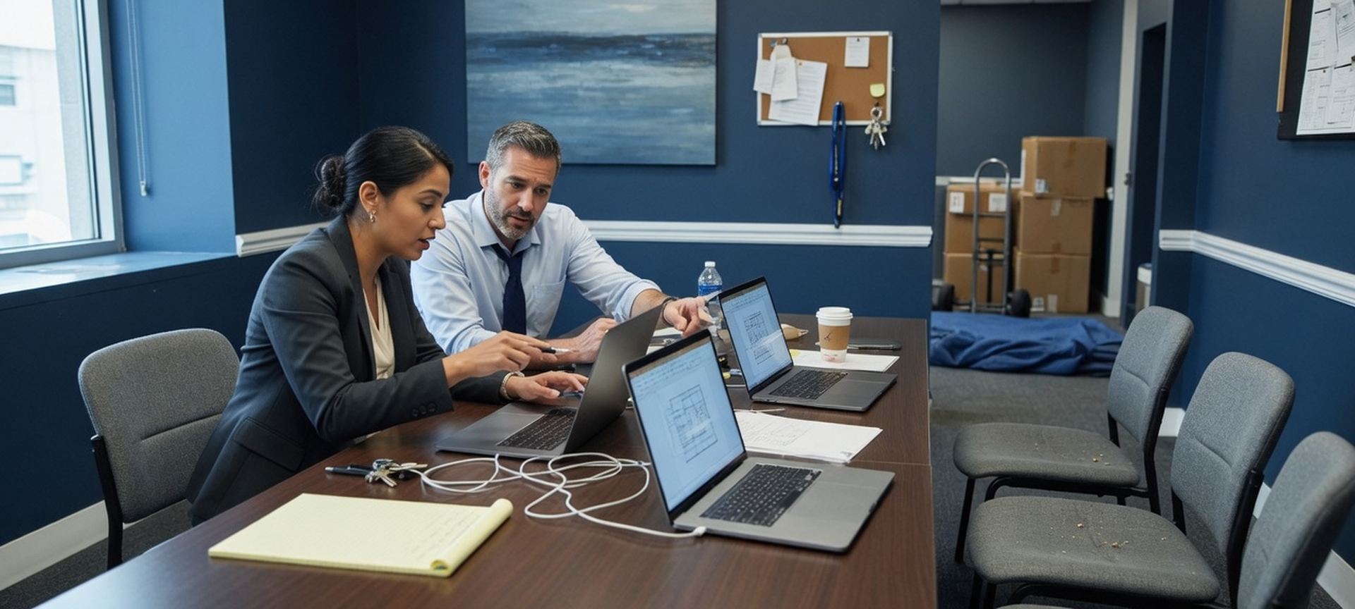 Two professionals coordinating a tenant move across two laptops