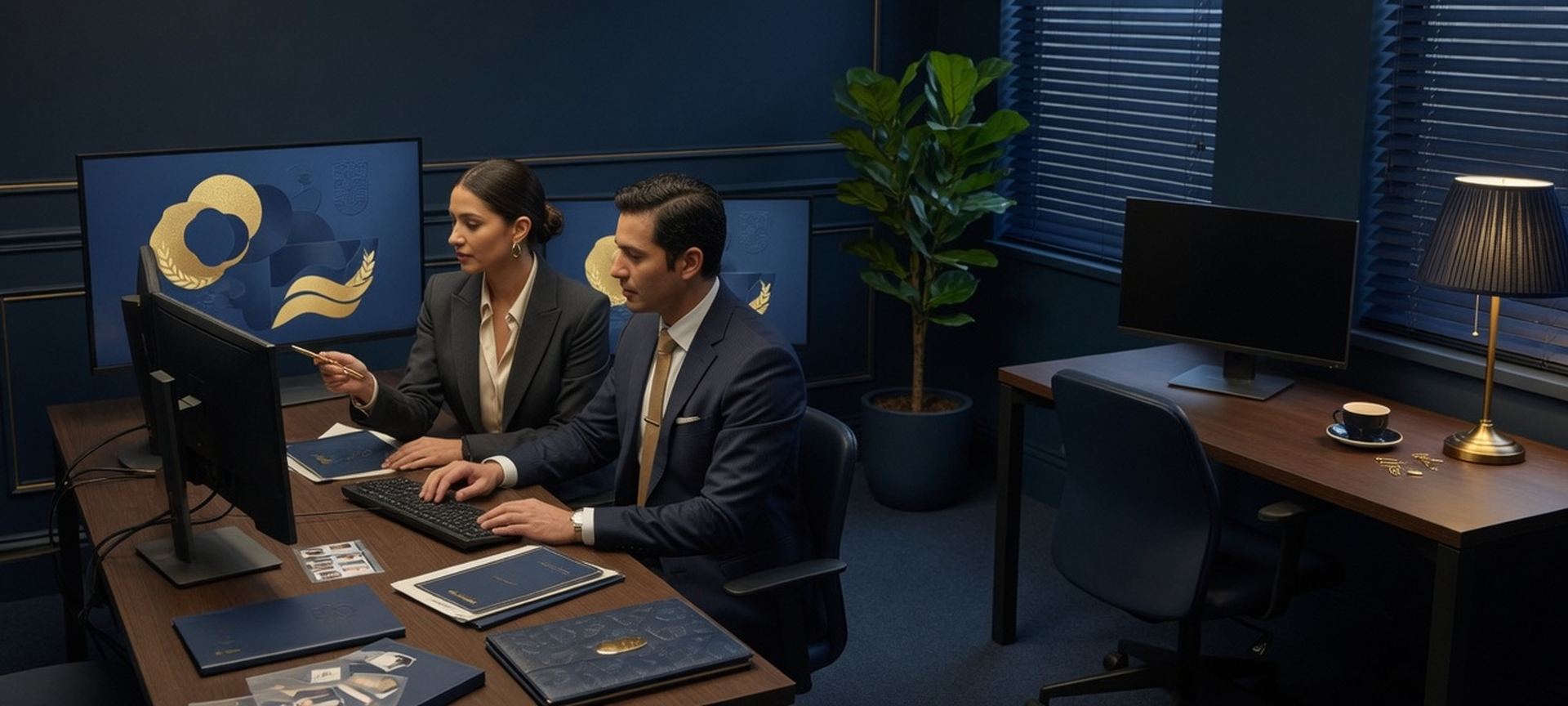 Two professionals reviewing identity and licensing work on dual monitors