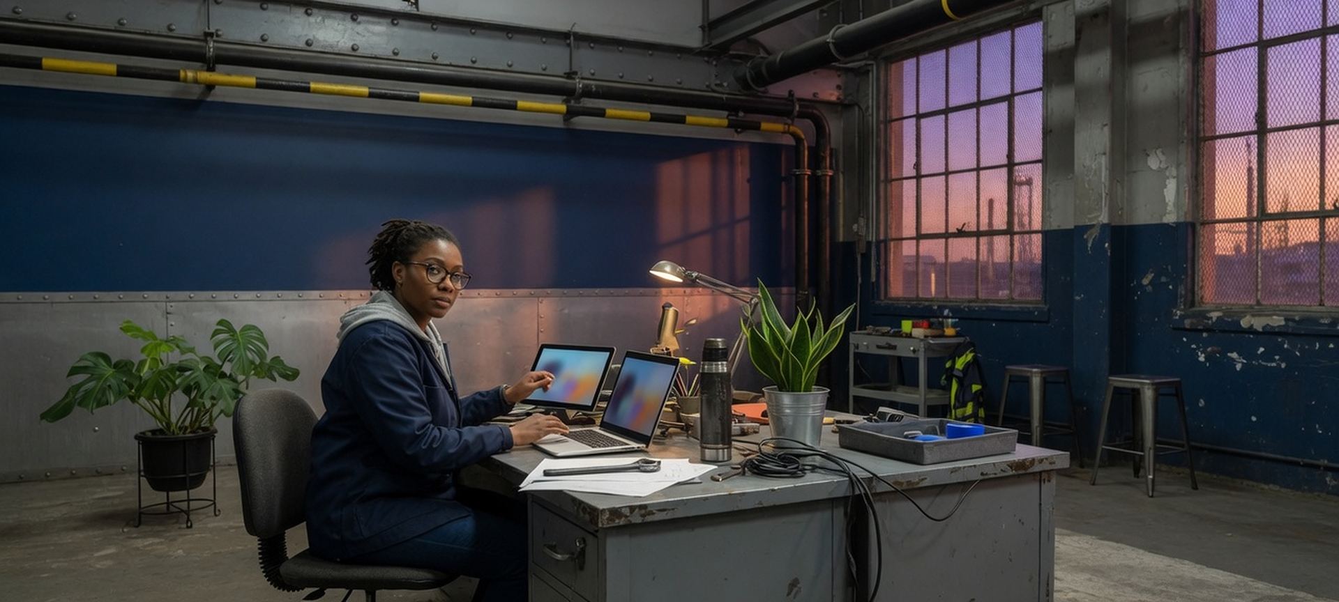 A plant-office workstation with a laptop and a tablet beside a factory window