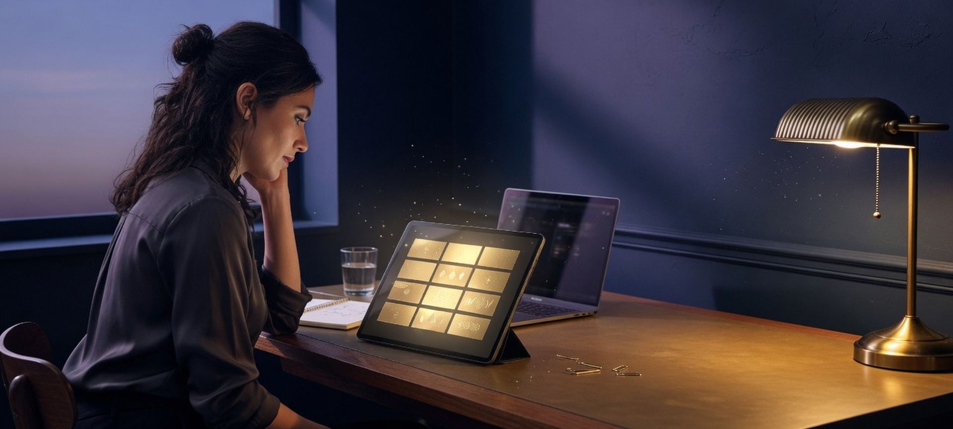 A professional reviewing subscription options on a tablet and laptop
