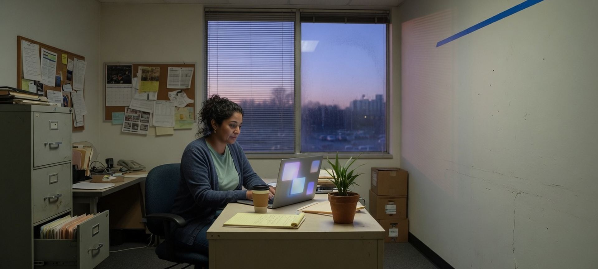 A modest nonprofit office with one person working at a laptop