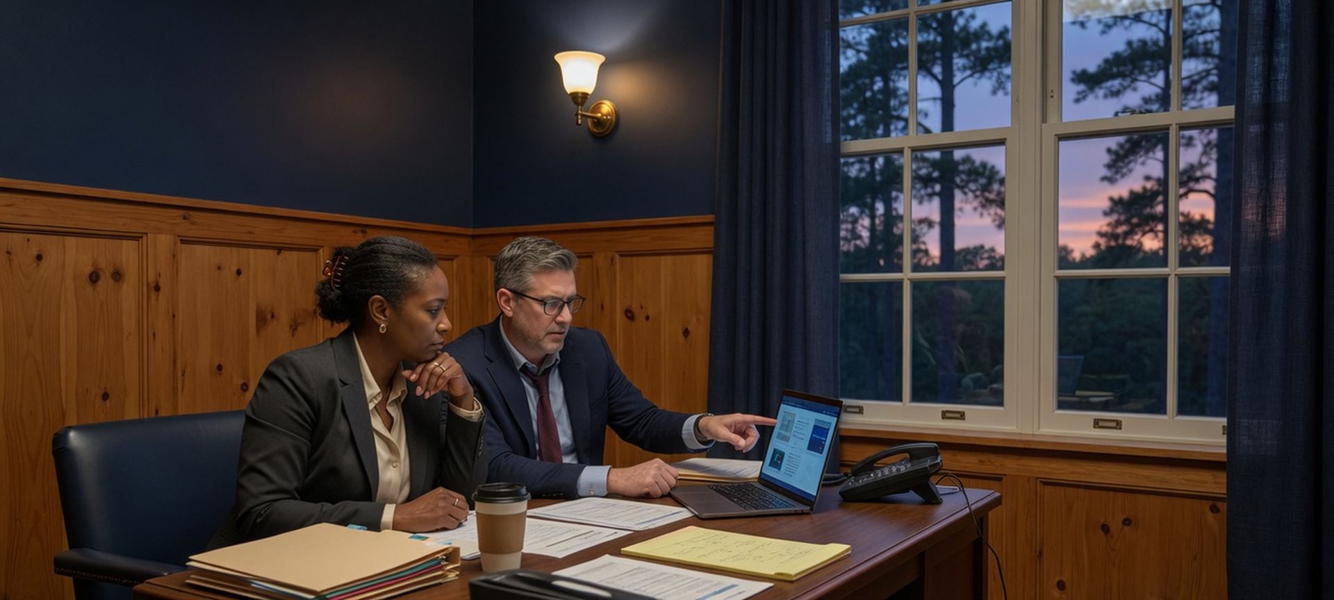 Professionals in a pine-and-navy office reviewing work at dusk