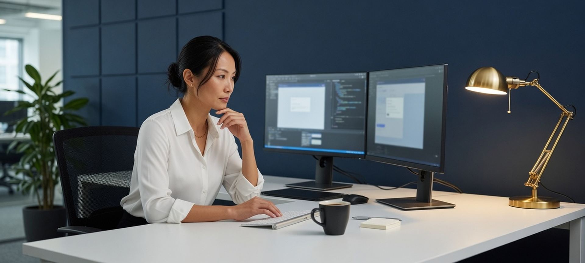 A software-office workstation with a single professional at a laptop