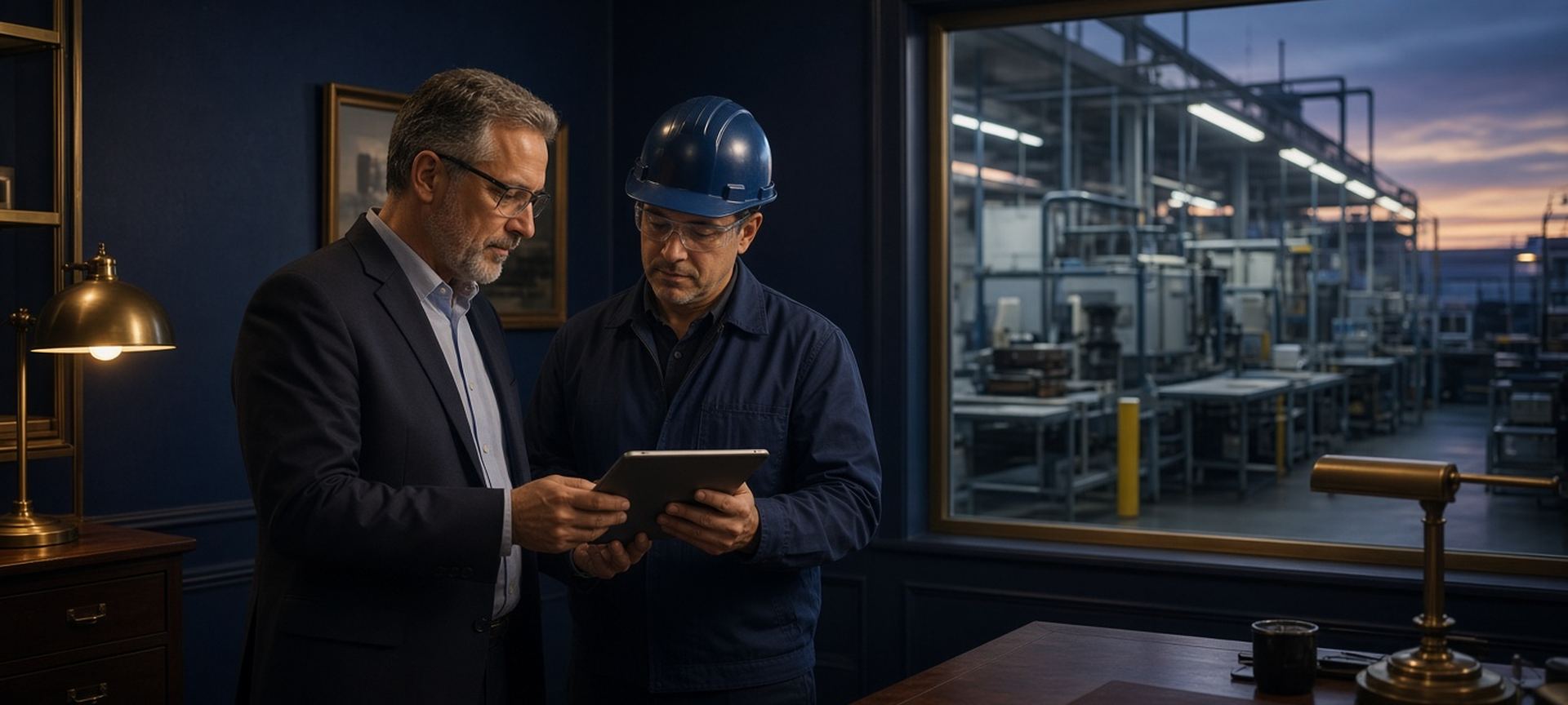 A plant owner and a supervisor reviewing a tablet in a factory office overlooking the floor at dusk