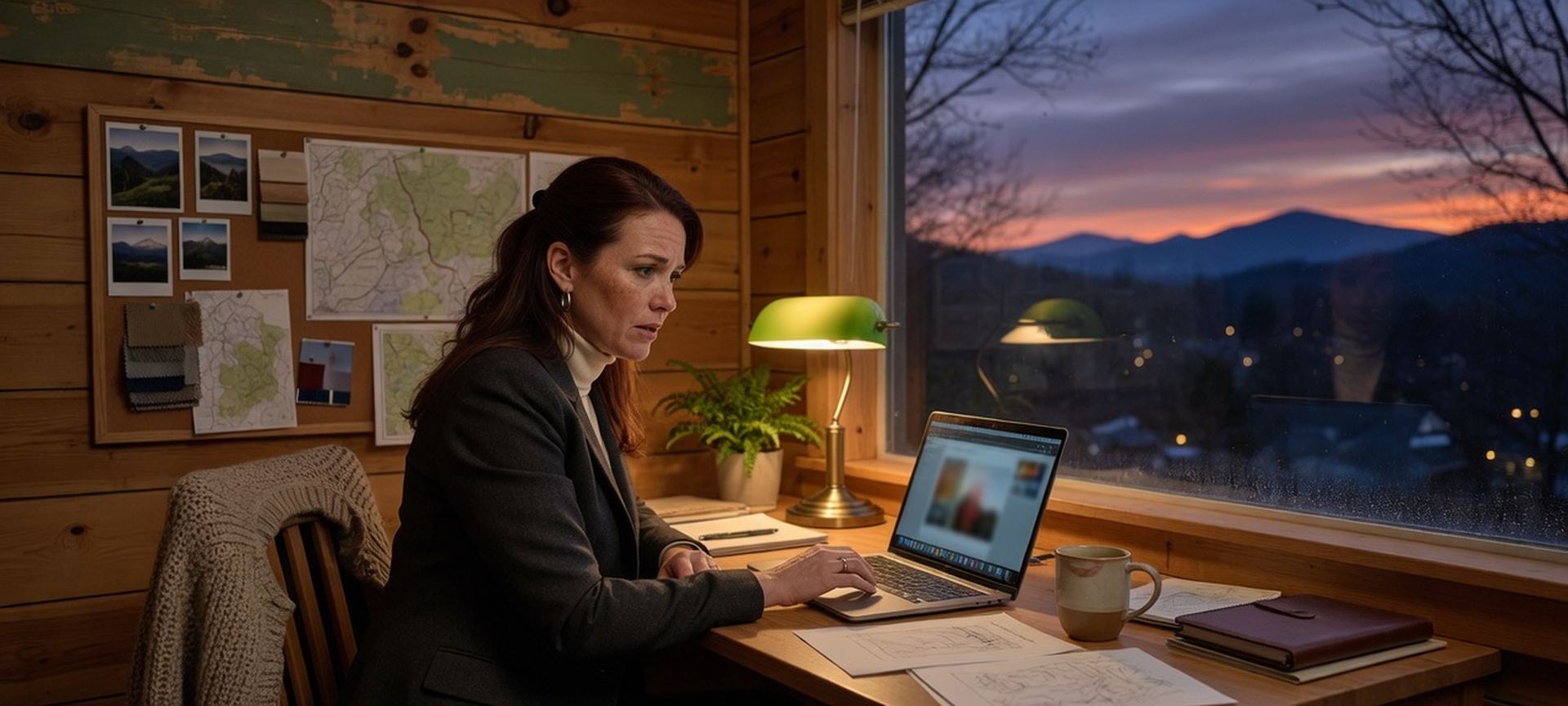 A mountain-town office with wood walls, a laptop, and dusk in the window